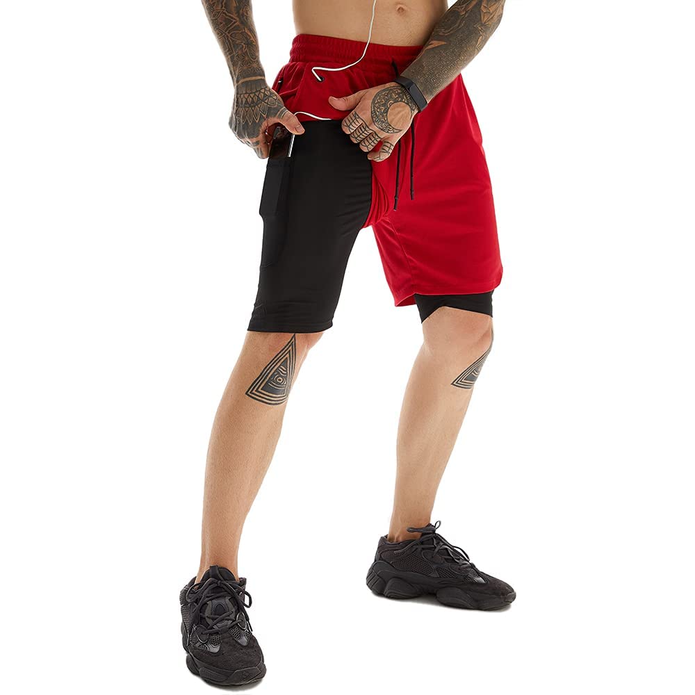 JWJ Men's 2 in 1 Workout Running Shorts 7 Inch Lightweight Athletic Gym Shorts with Compression Liner