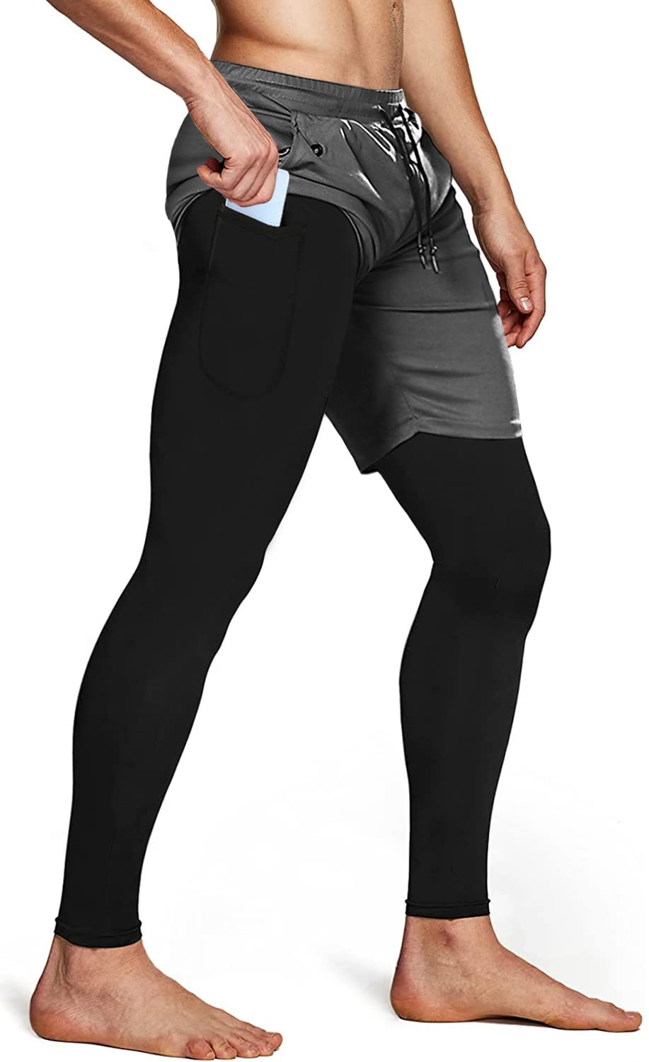 Aolesy Men's 2 in 1 Running Pants, Gym Workout Compression Pants for Men Training Athletic