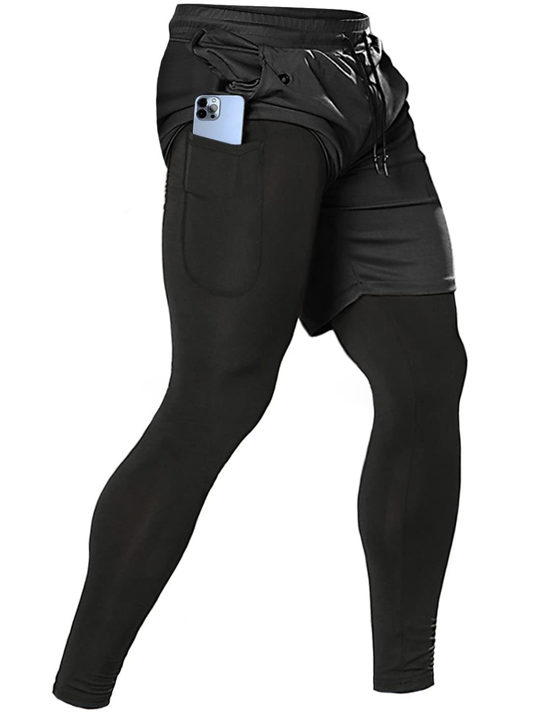 Aolesy Men's 2 in 1 Running Pants, Gym Workout Compression Pants for Men Training Athletic