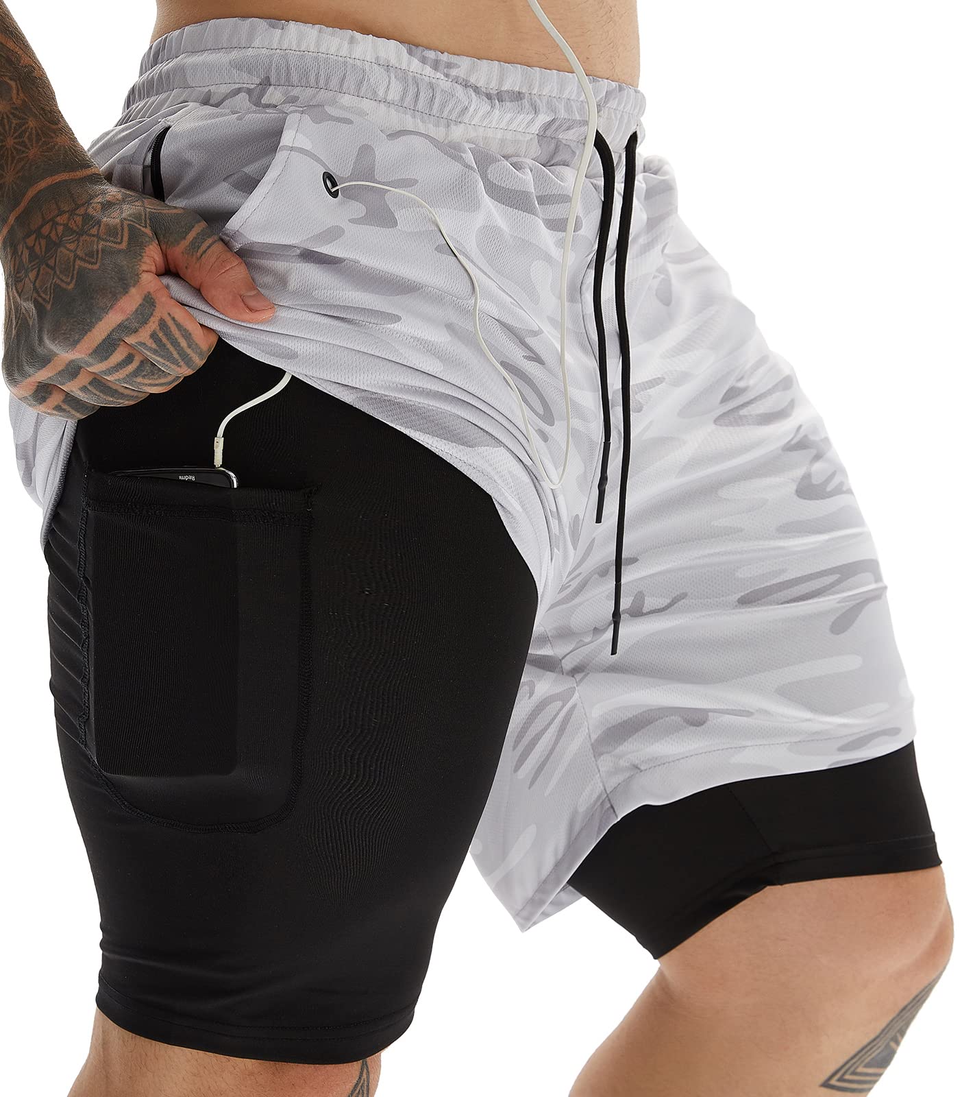 JWJ Men's 2 in 1 Workout Running Shorts 7 Inch Lightweight Athletic Gym Shorts with Compression Liner