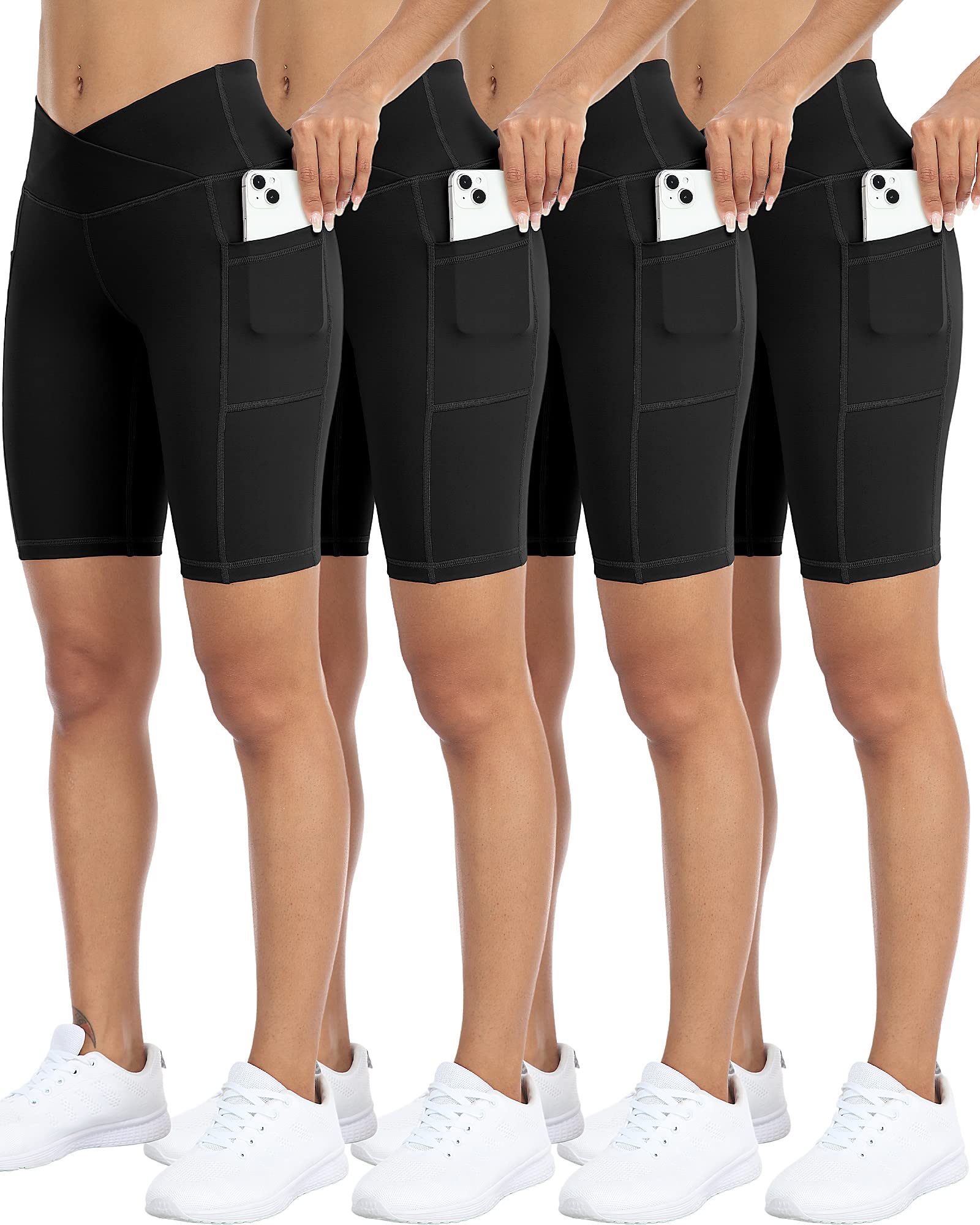 WHOUARE 4 Pack Biker Yoga Shorts with Pockets for Women,High Waisted Athletic Running Workout Gym Shorts Tummy Control