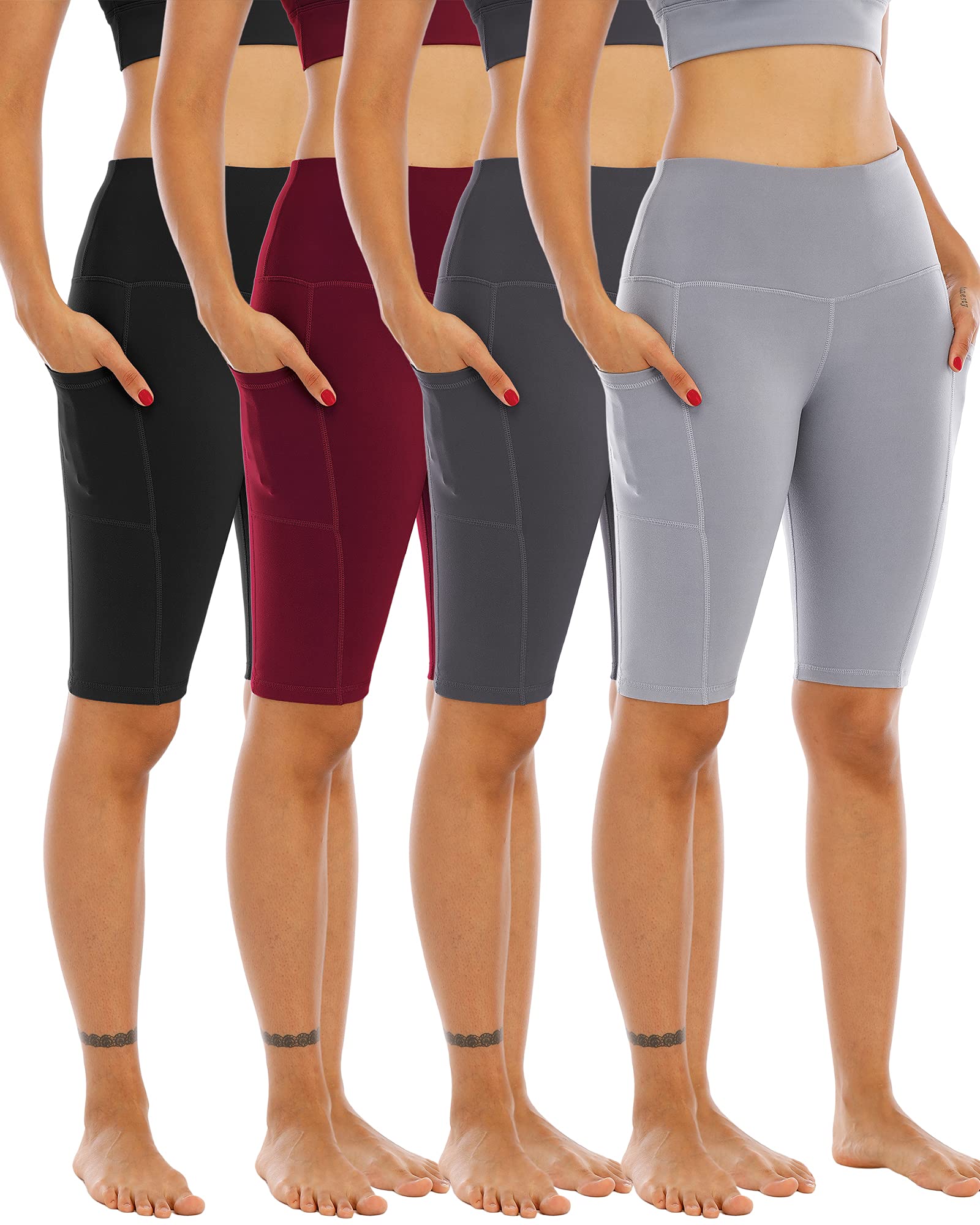 WHOUARE 4 Pack Biker Yoga Shorts with Pockets for Women,High Waisted Athletic Running Workout Gym Shorts Tummy Control