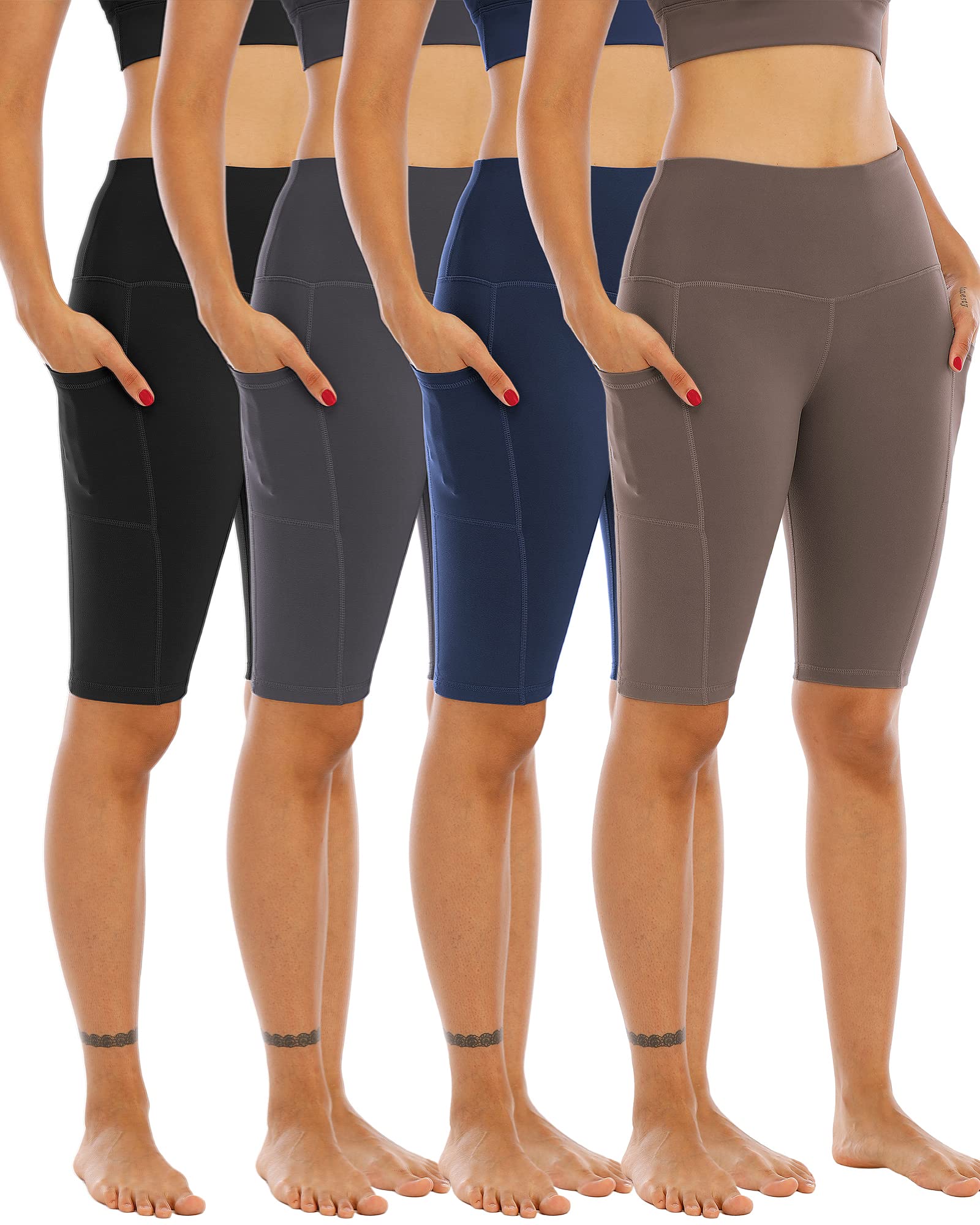 WHOUARE 4 Pack Biker Yoga Shorts with Pockets for Women,High Waisted Athletic Running Workout Gym Shorts Tummy Control