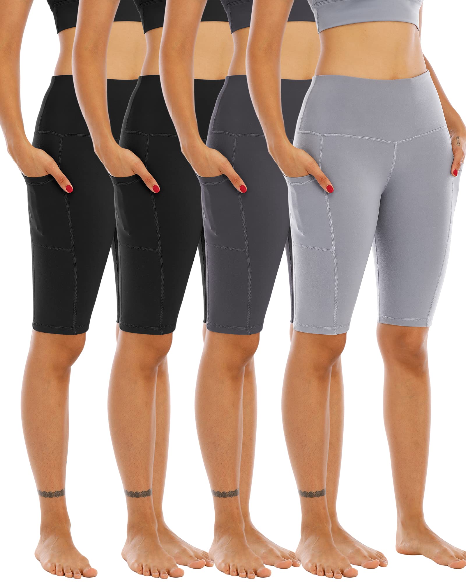 WHOUARE 4 Pack Biker Yoga Shorts with Pockets for Women,High Waisted Athletic Running Workout Gym Shorts Tummy Control