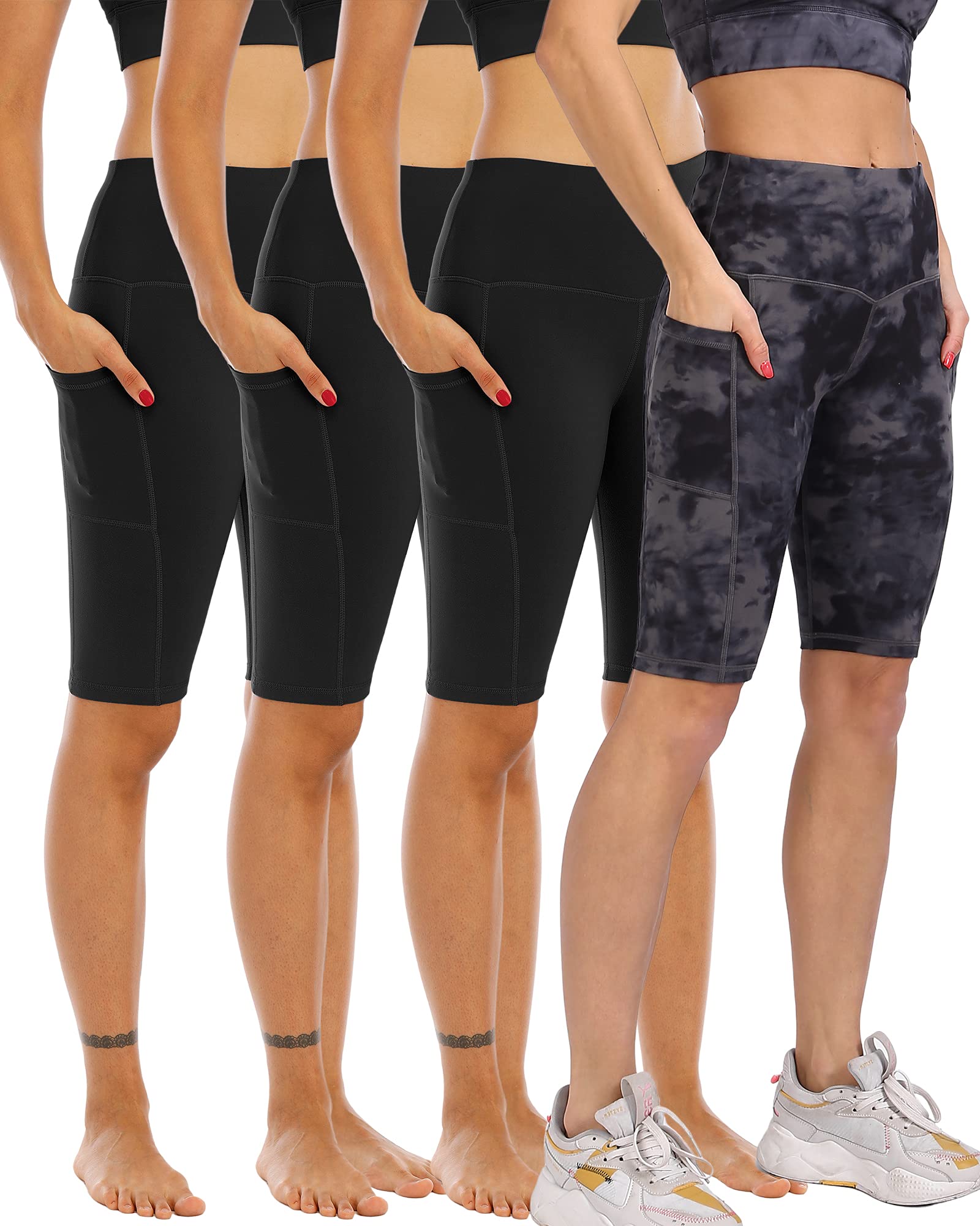 WHOUARE 4 Pack Biker Yoga Shorts with Pockets for Women,High Waisted Athletic Running Workout Gym Shorts Tummy Control