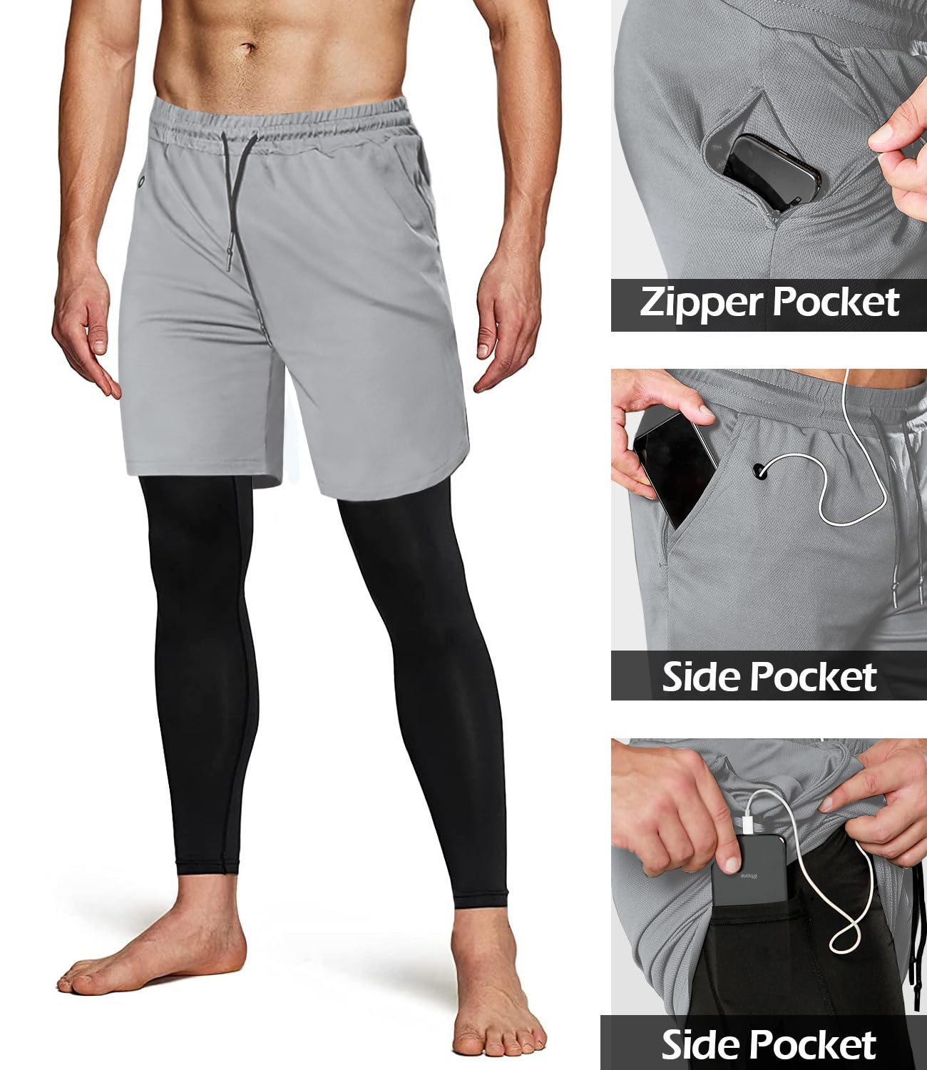 Aolesy Men's 2 in 1 Running Pants, Gym Workout Compression Pants for Men Training Athletic