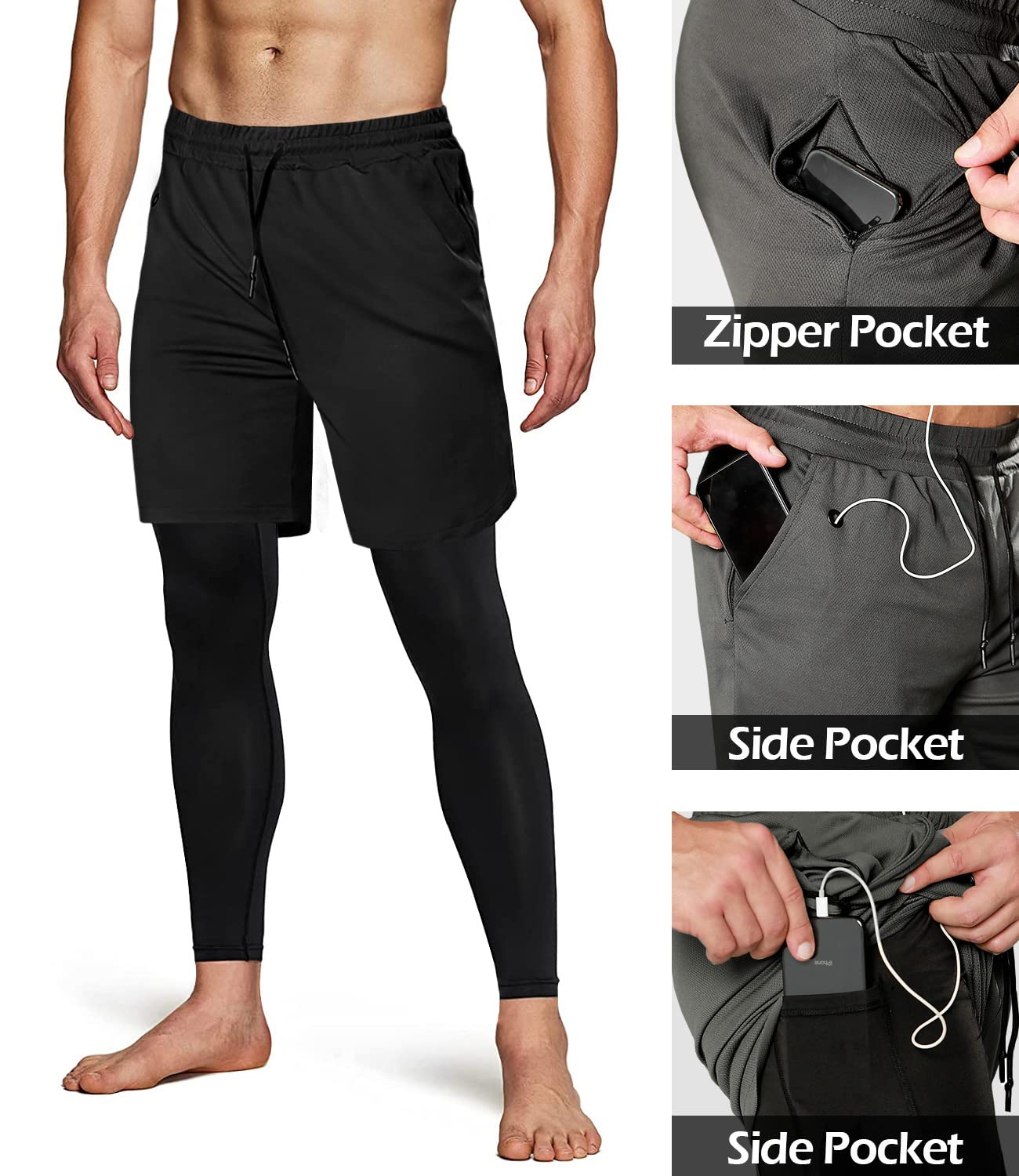 Aolesy Men's 2 in 1 Running Pants, Gym Workout Compression Pants for Men Training Athletic