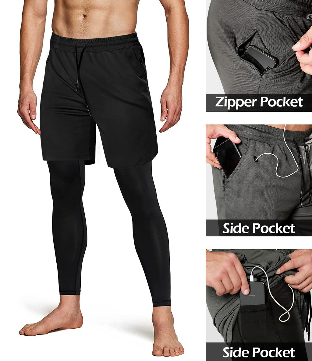 Aolesy Men's 2 in 1 Running Pants, Gym Workout Compression Pants for Men Training Athletic
