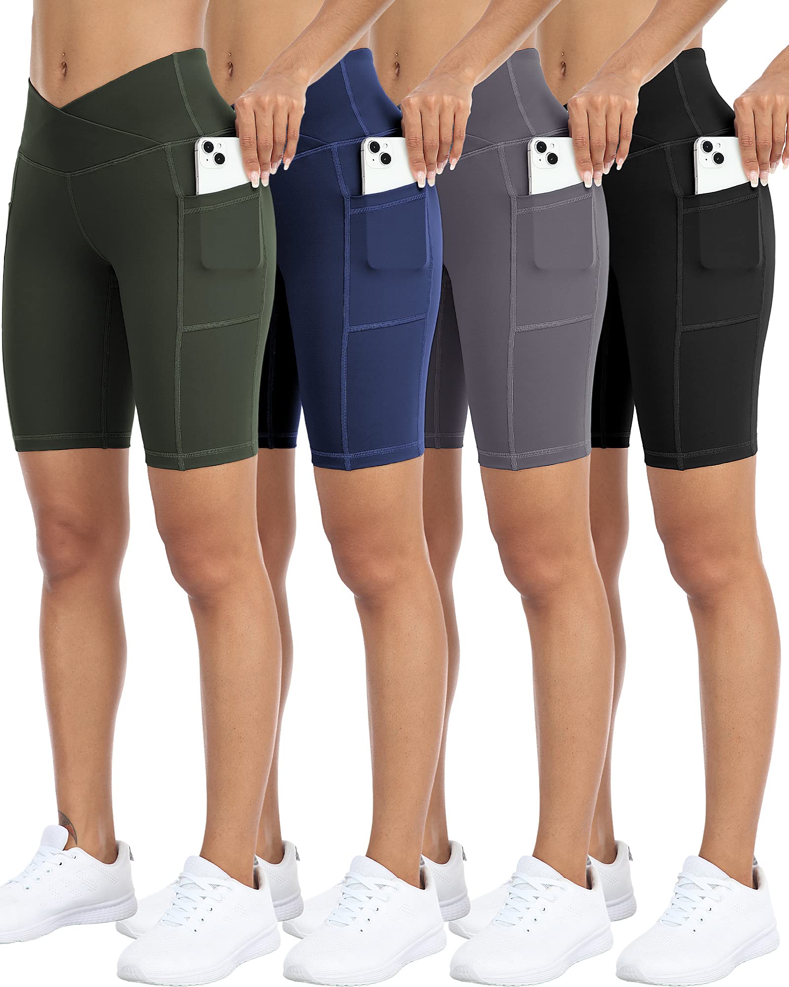 WHOUARE 4 Pack Biker Yoga Shorts with Pockets for Women,High Waisted Athletic Running Workout Gym Shorts Tummy Control