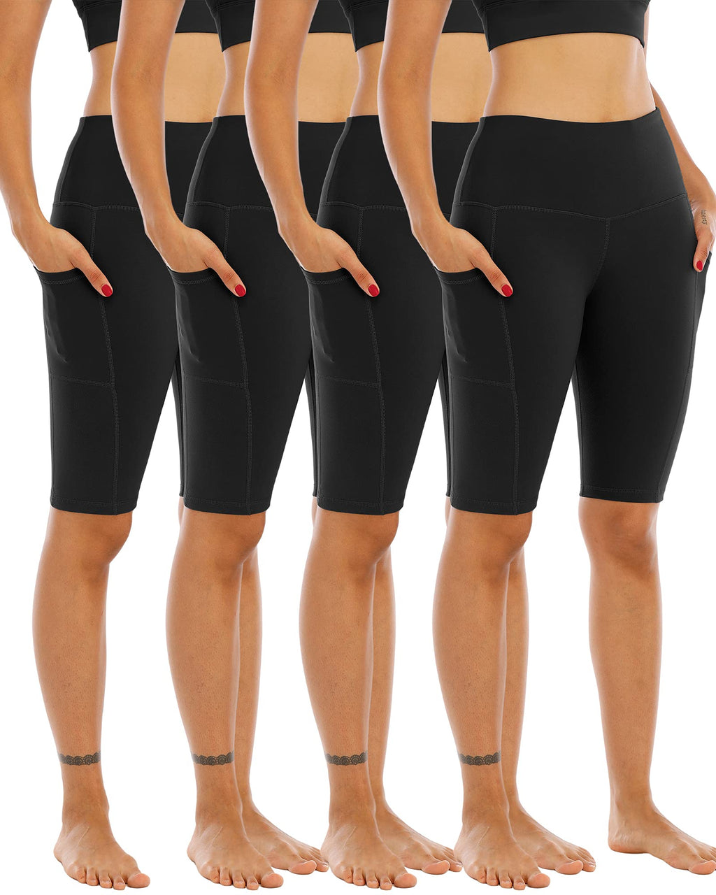 WHOUARE 4 Pack Biker Yoga Shorts with Pockets for Women,High Waisted Athletic Running Workout Gym Shorts Tummy Control