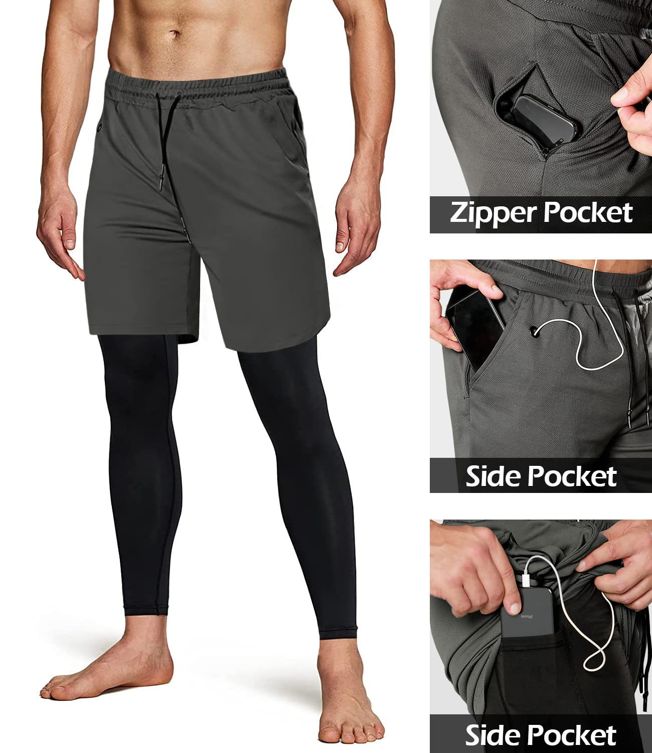 Aolesy Men's 2 in 1 Running Pants, Gym Workout Compression Pants for Men Training Athletic