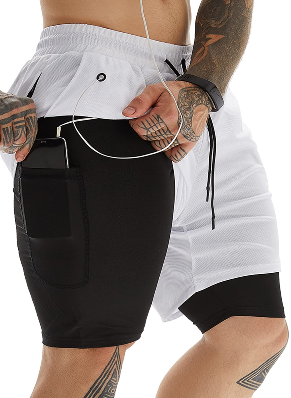 JWJ Men's 2 in 1 Workout Running Shorts 7 Inch Lightweight Athletic Gym Shorts with Compression Liner