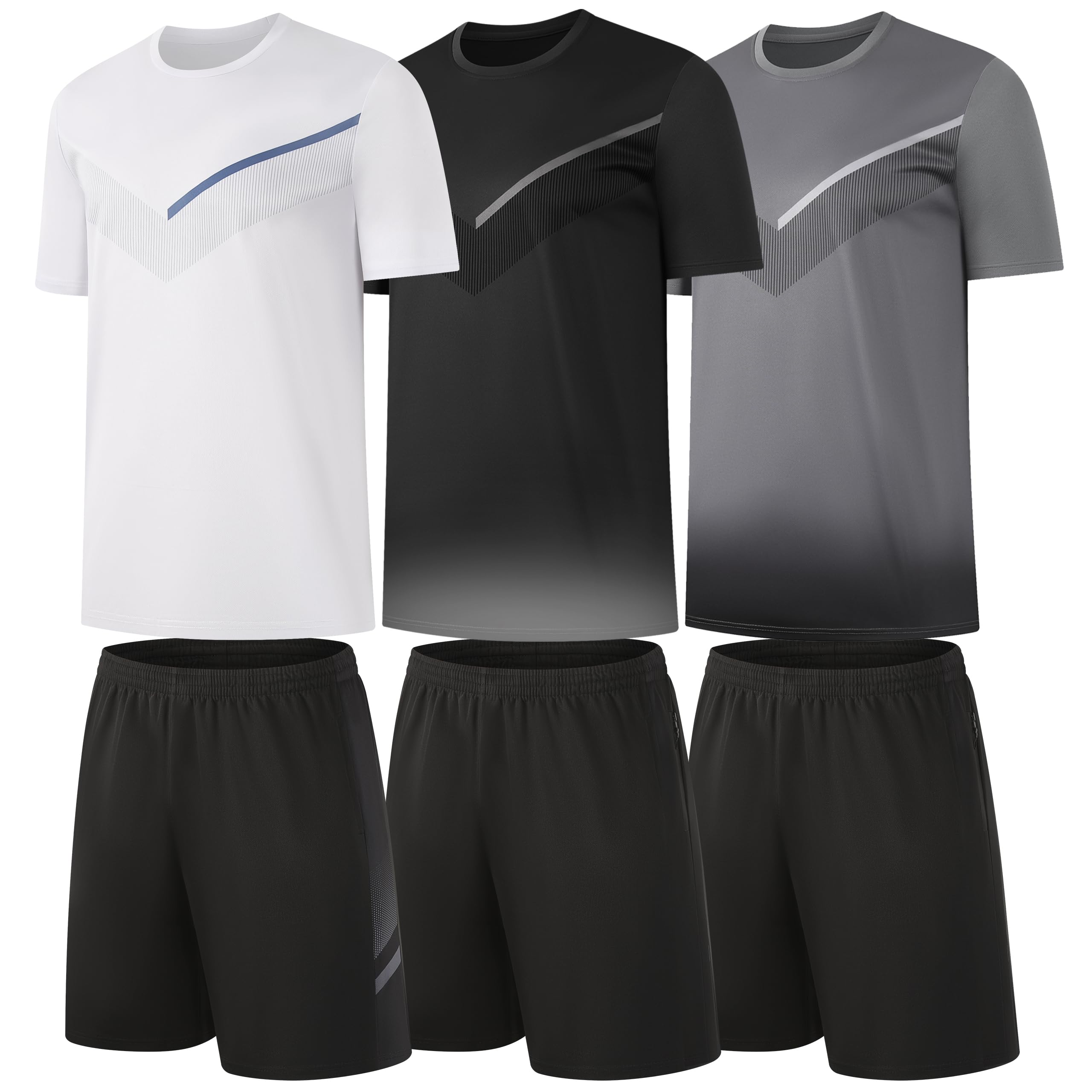 RPOVIG Men's 3 Pack Shirts Shorts Zipper Pockets Quick Dry Gym Athletic Clothes Workout Running Sets Summer Casual