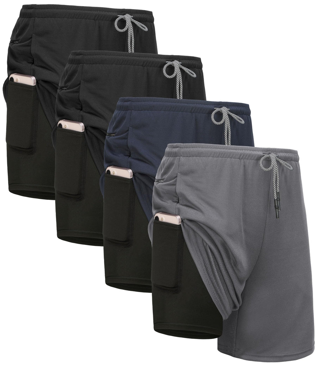 Kinglaman 4 Pack Mens 2 in 1 Running Workout Shorts with Liner, Gym Athletic Quick Dry Sport Shorts with Pockets