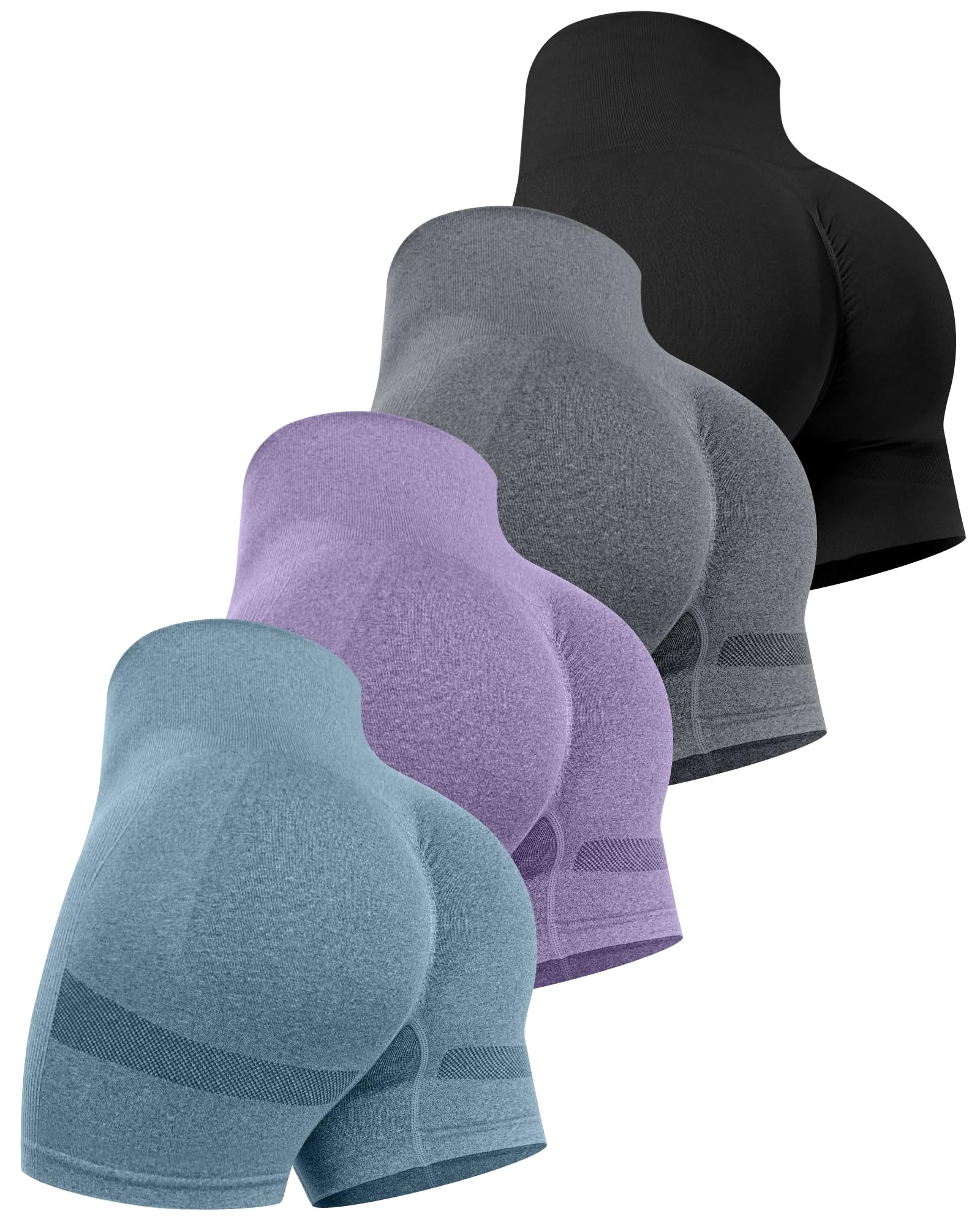 CHRLEISURE Women's 4 Packs Workout Gym Shorts, High Waisted Butt Lifting Scrunch Butt Seamless Booty Shorts