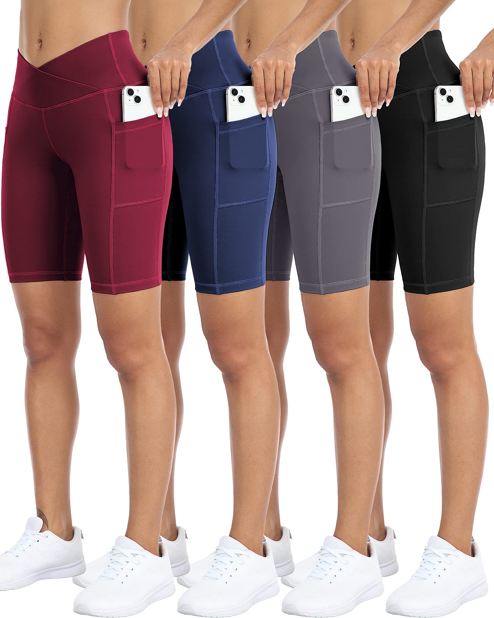 WHOUARE 4 Pack Biker Yoga Shorts with Pockets for Women,High Waisted Athletic Running Workout Gym Shorts Tummy Control