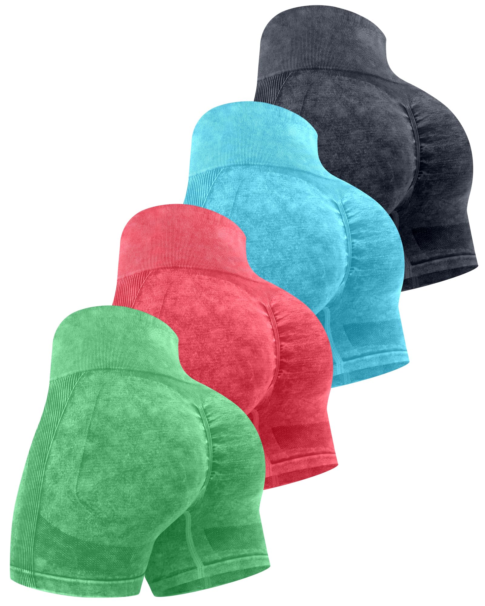 CHRLEISURE Women's 4 Packs Workout Gym Shorts, High Waisted Butt Lifting Scrunch Butt Seamless Booty Shorts