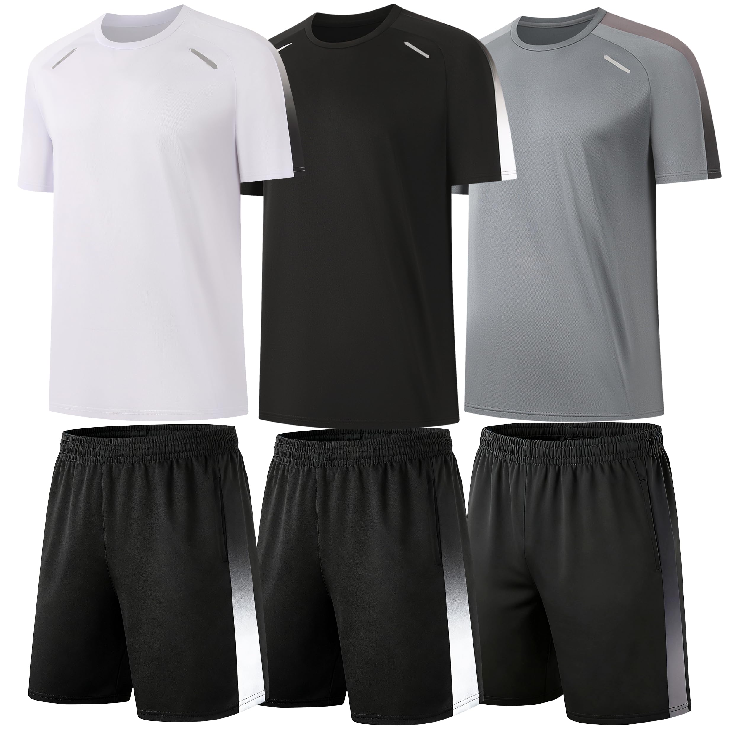 RPOVIG Men's 3 Pack Shirts Shorts Zipper Pockets Quick Dry Gym Athletic Clothes Workout Running Sets Summer Casual